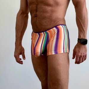 Men's Striped Orange & Purple Square cut Swim Trunks with Contoured Pouch